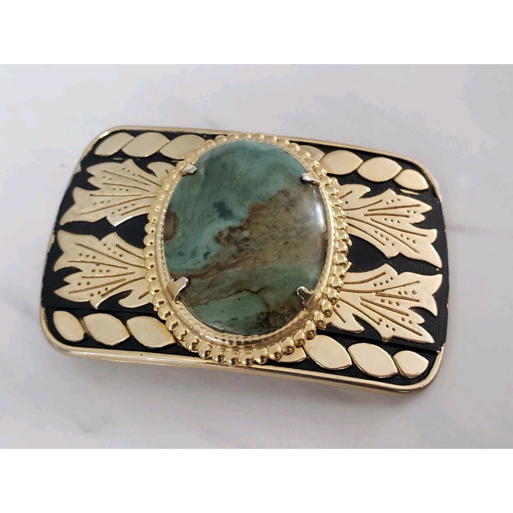 Vintage Belt Buckle FAUX STONE cabochon jasper agate blue brown southwestern